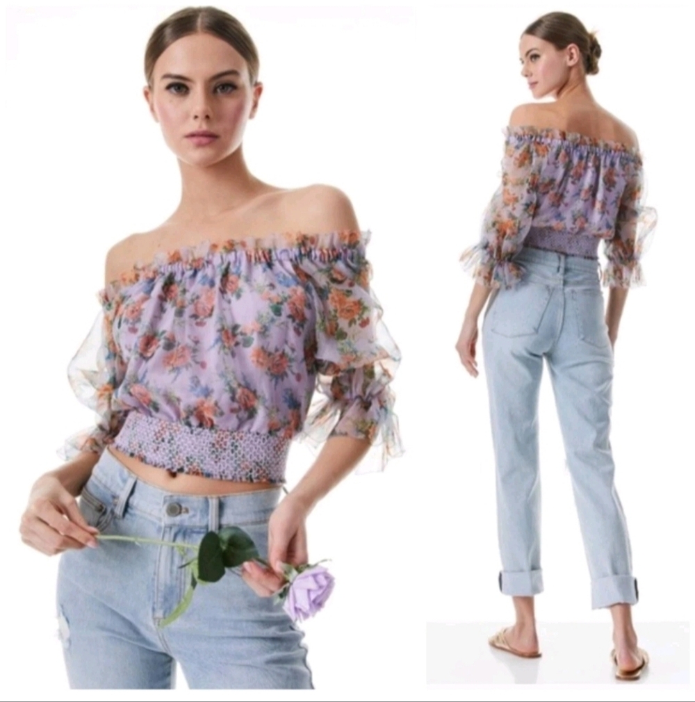 ALICE + OLIVIA Caprina Silk Puff Sleeve Off Shoulder Crop Top Size Small $395
